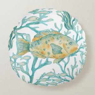 Coussins Ronds Poisson aquarelle or et sarcelle
