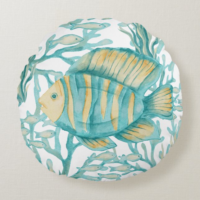 Coussins Ronds Poisson aquarelle rayé sarcelle (Devant)