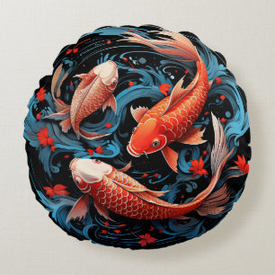 Coussins Ronds Poisson Koi artistique avec une base noire