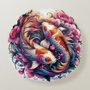 Coussins Ronds Poissons abstraits orientaux vibrants vagues sakur