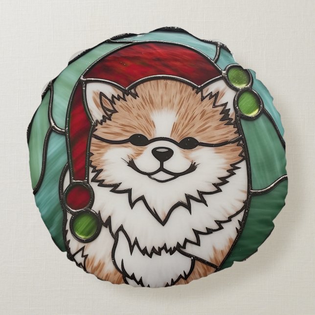 Coussins Ronds Pomeranian Vitrail de Noël (Dos)