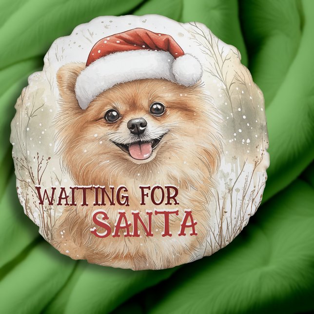 Coussins Ronds Poméranie En Attente De L'Aquarelle Père Noël Pom  (Pomeranian Waiting For Santa Pom Dog Watercolor Round Pillow. Personalize It!)