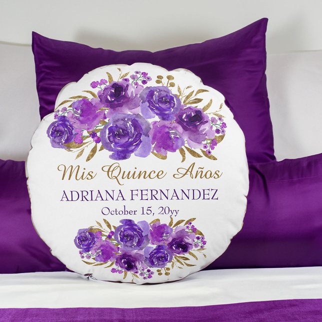 Coussins Ronds Pommes Florales et Feuilles d'or Quinceanera Keeps (Purple floral keepsake pillow from my Rose and Gold Leaf quinceanera collection)