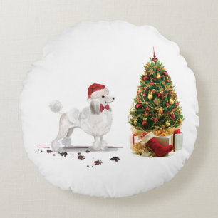 Coussins Ronds Poodle blanc Funny Chien de Noël avec arbre