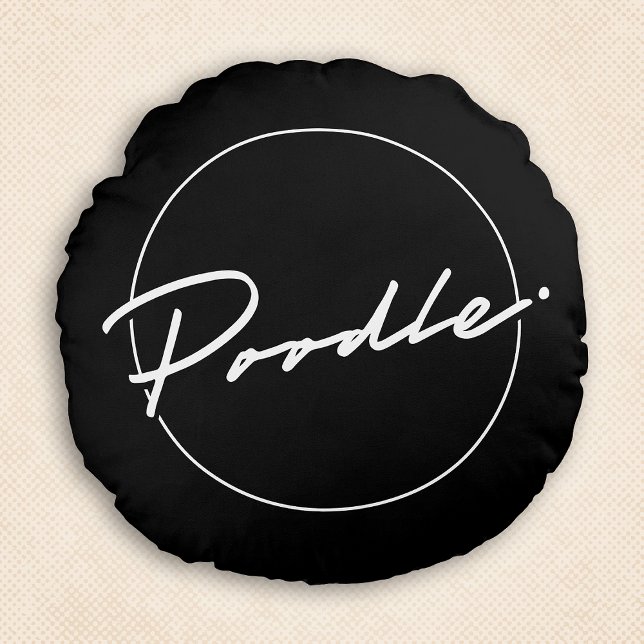 Coussins Ronds Poodle Chic Écriture Élégante Rond Noir Jeté (Poodle Chic & Fancy Script Black Round Pillow)