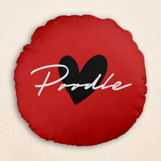 Coussins Ronds Poodle chic et fantaisie Script rouge (Poodle Chic & Fancy Script Red Round Pillow)