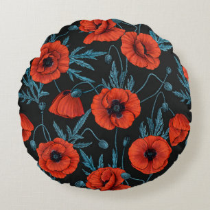 Coussins Ronds Poppies, rouge et bleu sur noir