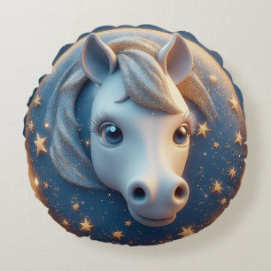 Coussins Ronds Portrait de cheval de dessin animé charmant avec d