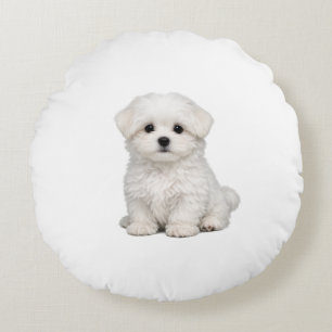 Coussins Ronds Portrait de chiot maltais blanc et duveteux Amateu