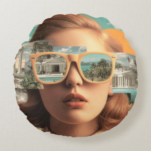 Coussins Ronds Portrait de femme surréaliste avec des lunettes de