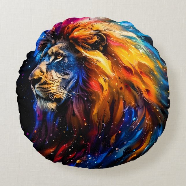 Coussins Ronds Portrait de lion de faune cosmique abstrait (Devant)