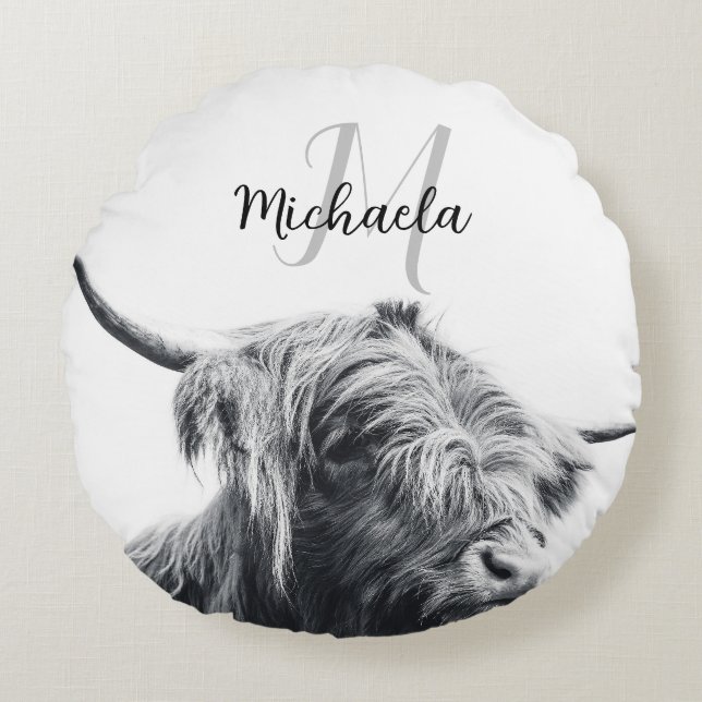 Coussins Ronds Portrait de vache Highland premier monogramme noir (Devant)