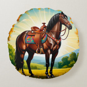 Coussins Ronds Portrait élégant d'un cheval avec selle