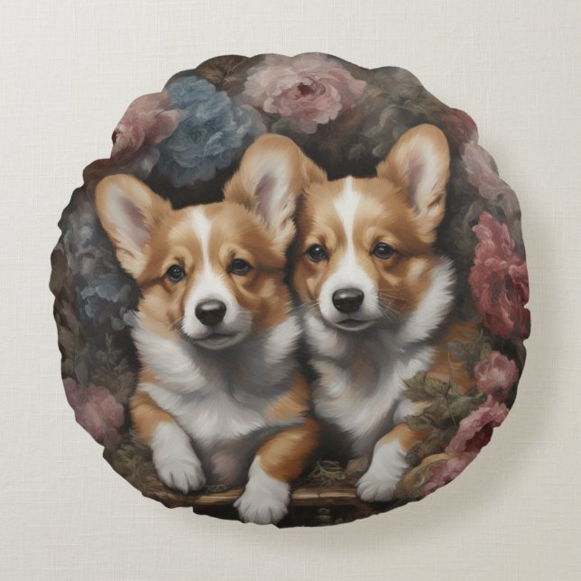 Coussins Ronds Portraits de races de chiens de fleurs 5 (Devant)