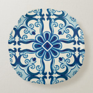 Coussins Ronds Portugais Azulejos Blue Floral Motif