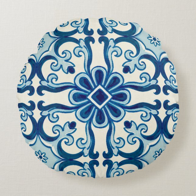 Coussins Ronds Portugais Azulejos Blue Floral Motif (Devant)