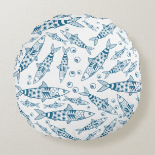 Coussins Ronds Portugais Lisbonne Sardines Motif Azulejos Blanc