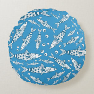 Coussins Ronds Portugais Lisbonne Sardines Motif Azulejos Bleu