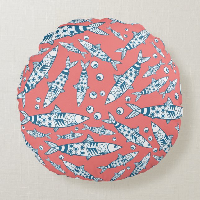 Coussins Ronds Portugais Lisbonne Sardines Motif Azulejos rose (Devant)