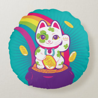 Coussins Ronds Pot de bonne chance de Maneki Neko de chat d'or