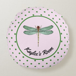 Coussins Ronds Pot rose et vert Polka et monogramme de libellule
