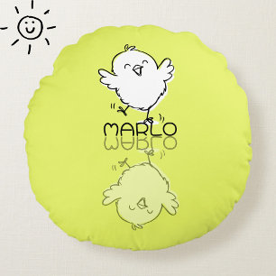 Coussins Ronds Poulet Jaune Heureux Doodle Nom Personnalisé