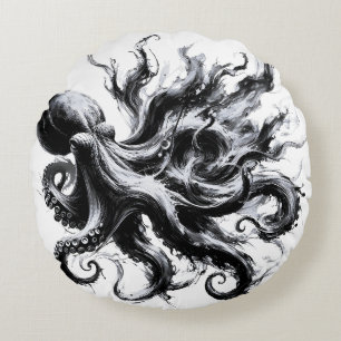 Coussins Ronds Poulpe Kraken Fluide Encre Abstraite