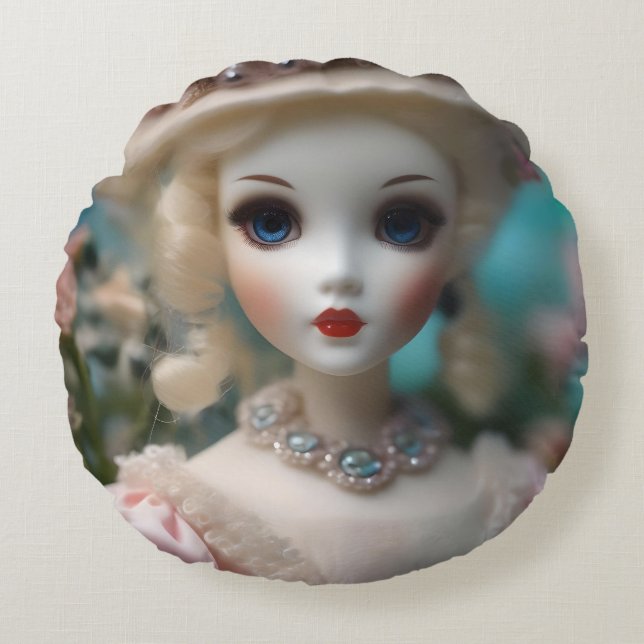 Coussins Ronds Poupée Vintage bleue, (Devant)