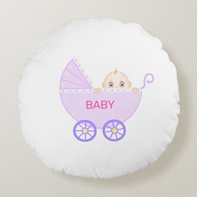 Coussins Ronds Poussette avec bébé sur fond blanc (Devant)