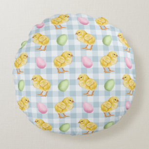 Coussins Ronds Poussins jaunes et œufs sur motif gingham bleu