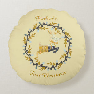 Coussins Ronds Premier cerf de Noël avec couronne jaune doux