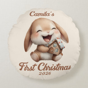 Coussins Ronds Premier lapin de Noël de bébé personnalisé