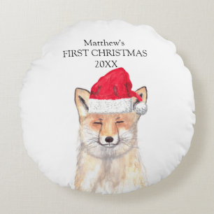 Coussins Ronds Premier Noël de bébé Renard Aquarelle Forêt Garçon