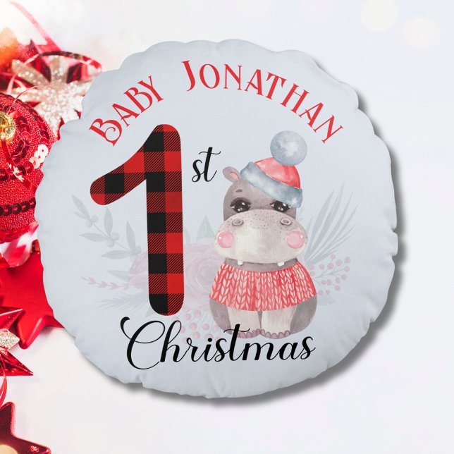 Coussins Ronds Premier nom hippo mignon de Noël du bébé garçon (Créateur téléchargé)