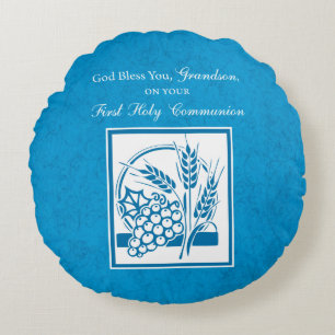 Coussins Ronds Première communion du petit-fils Bleu, Blé, Raisin