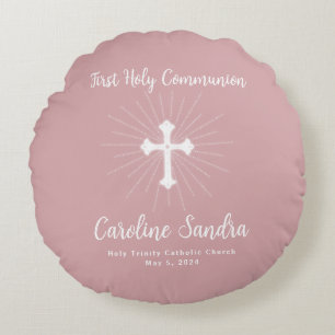 Coussins Ronds Première communion rose poussiéreux avec croix