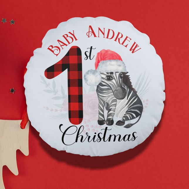 Coussins Ronds Première mignonne de Noël du bébé Zebra Santa Nom  (Créateur téléchargé)