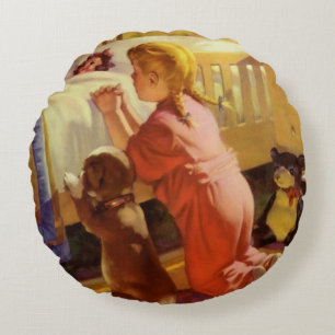 Coussins Ronds Prières du coucher, Fille avec chiot, Religion vin