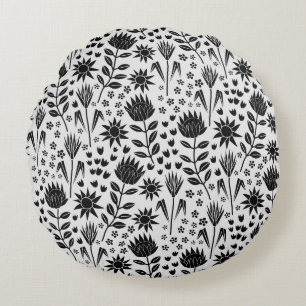 Coussins Ronds Protea Floral Block Imprimer Millefleur noir blanc