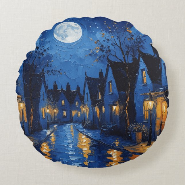 Coussins Ronds Pueblo de noche con luces y faroles (Devant)