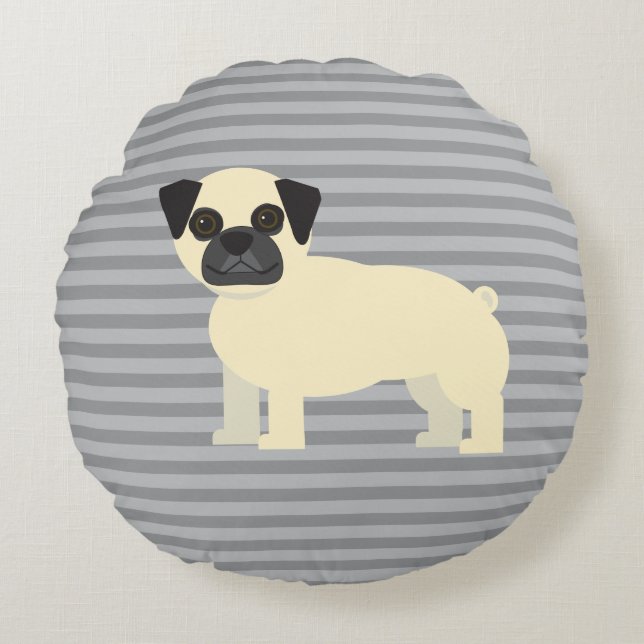 Coussins Ronds Pug Gris Ligné (Devant)