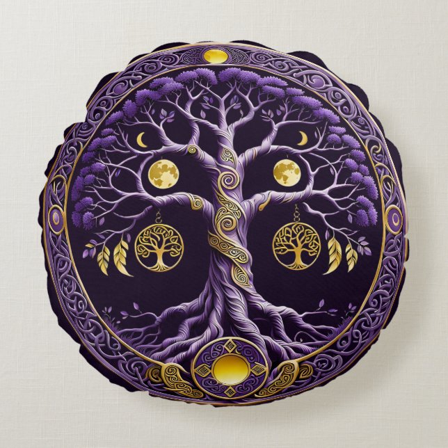 Coussins Ronds Purple and Gold Tree of Life Mandala (Devant)