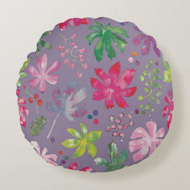 Coussins Ronds Purple Floral Round Pillow – Pink Garden Pattern  (Devant)