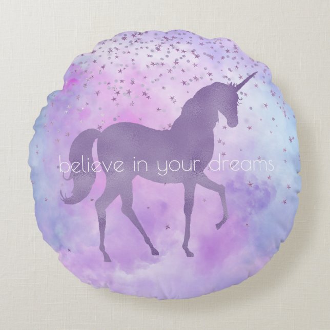 Coussins Ronds Purple Stars Confetti Aquarelle Unicorne (Devant)