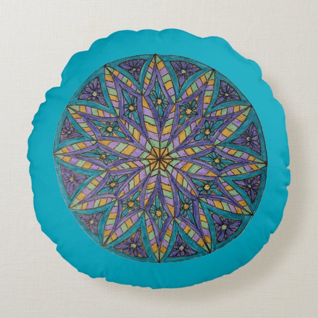 Coussins Ronds Purple/Teal Starburst Mandala Round Throw Pillow (Devant)