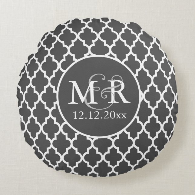 Coussins Ronds Quatrefoil Monogramme Mariage gris et blanc V2 (Devant)