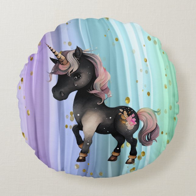Coussins Ronds Queue noire Unicorne violette rose (Devant)