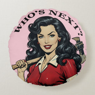 Coussins Ronds « Qui est le prochain ? » Plaid pin-up de femme au
