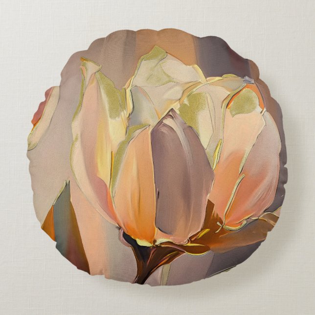 Coussins Ronds Quiet Bloom – Abstract Tulips In Soft Gold (Devant)