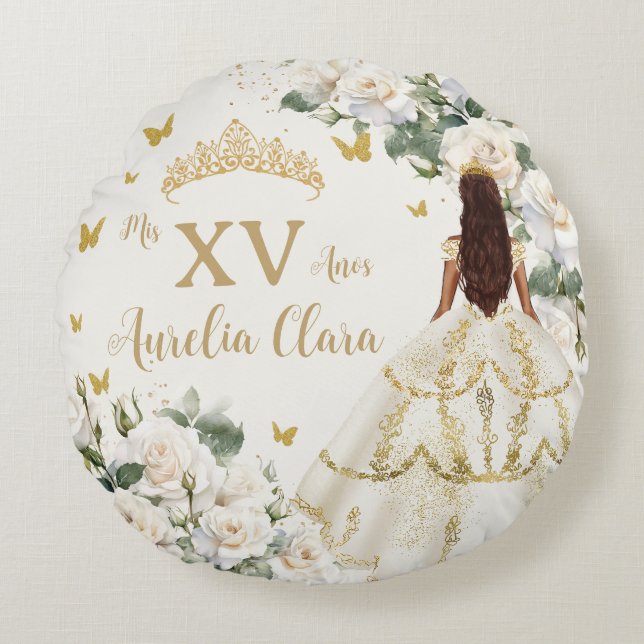 Coussins Ronds Quinceañera Ivory White Floral Robe Princesse Or (Devant)